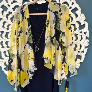 NWT TianaB 2piece floral chiffon cardigan and solid navy dress 14W